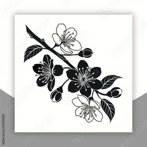Black and white cherry blossom branch with blooming flowers line art silhouette