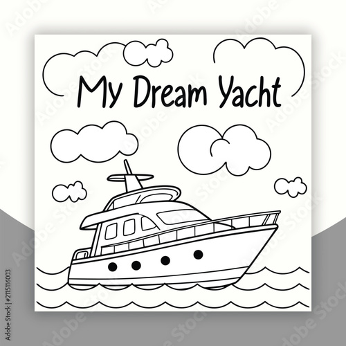 Luxury yacht coloring page with ocean waves and clouds for children line art