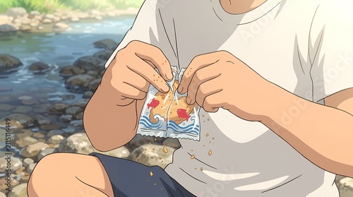 Riverside Snack Time: Boy Opening Fish-Shaped Biscuit Bag by Stream
