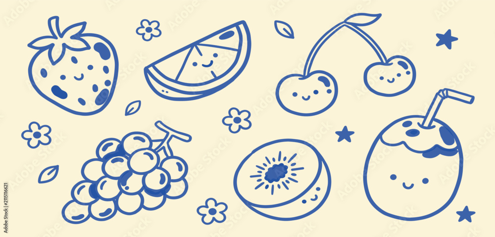 Fototapeta premium Fruit set doodle outline illustration vector