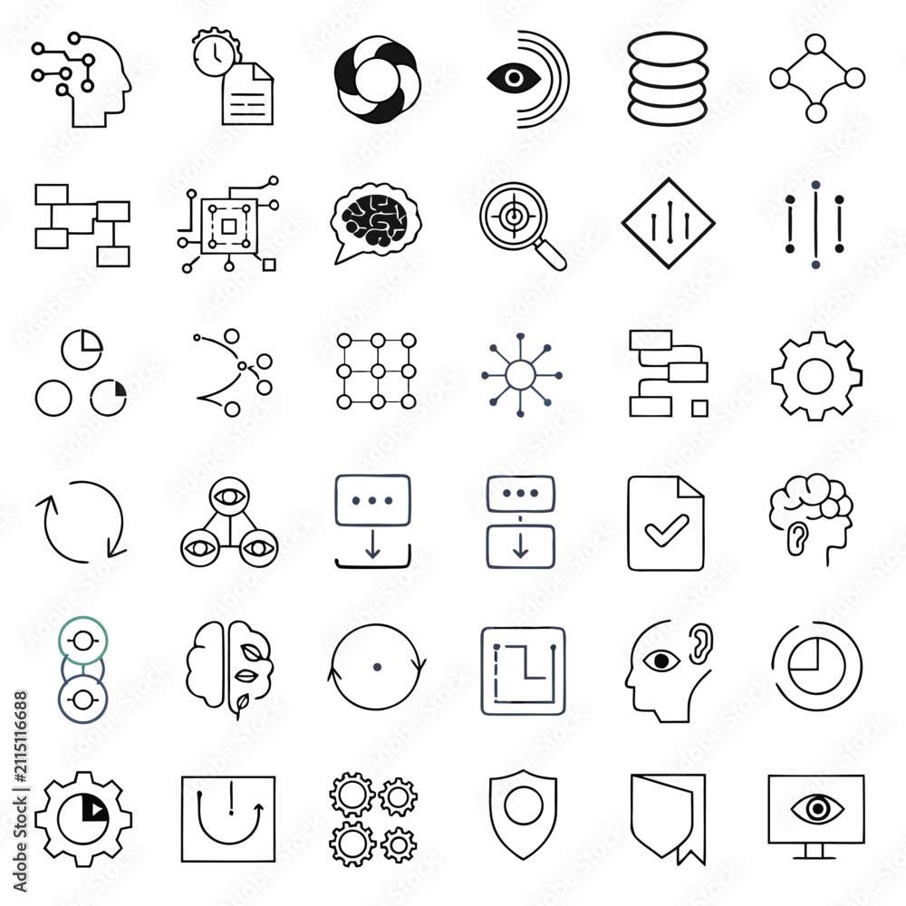 Fototapeta premium Artificial Intelligence, Automation and Data Processing Line Icons Set – Editable Technology Vector Collection