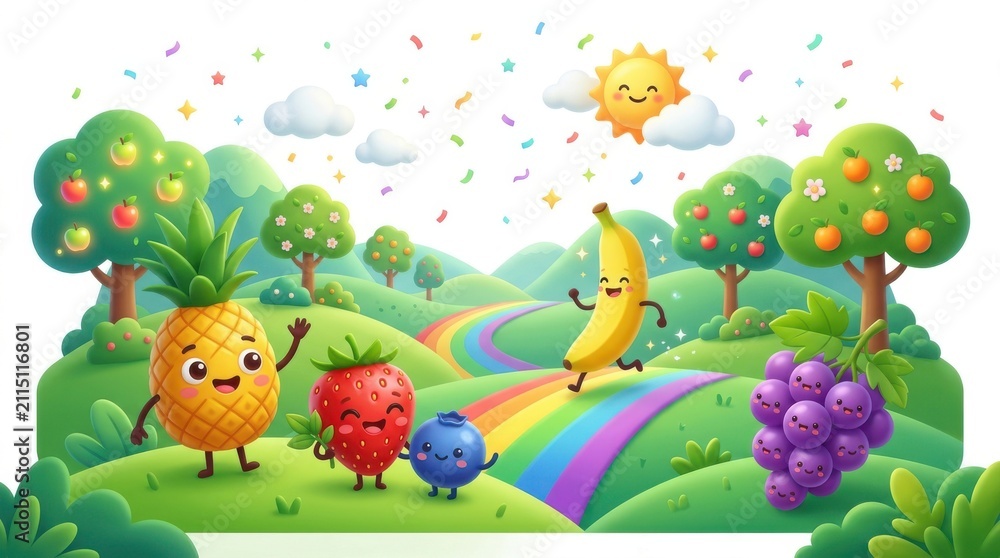 Obraz premium Cute cartoon fruits in a sunny landscape. Happy pineapple and banana characters on a rainbow.