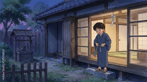 Evening Serenity: Boy in Yukata at Traditional Japanese Home