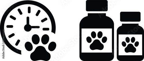 Black and white clock icon with dog paw prints and pet medication bottles
