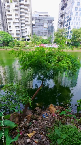 waste, plastic, environmental, litter, urban, city, lake, pond, water, skyscrapers, buildings, ecology, nature