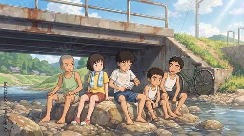 Summer Afternoon by the River: Friends Relaxing on Rocks Under a Bridge