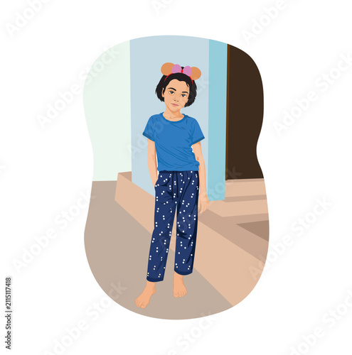 Cute Indian Girl Standing Outside Village House Flat Vector Illustration.