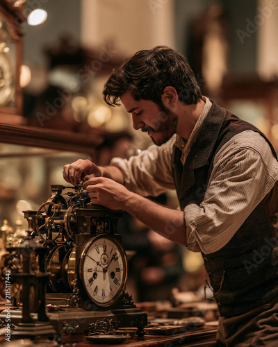 Vintage clockmaker workshop interior with antique brass timepiece and detailed tools of the trade lighting