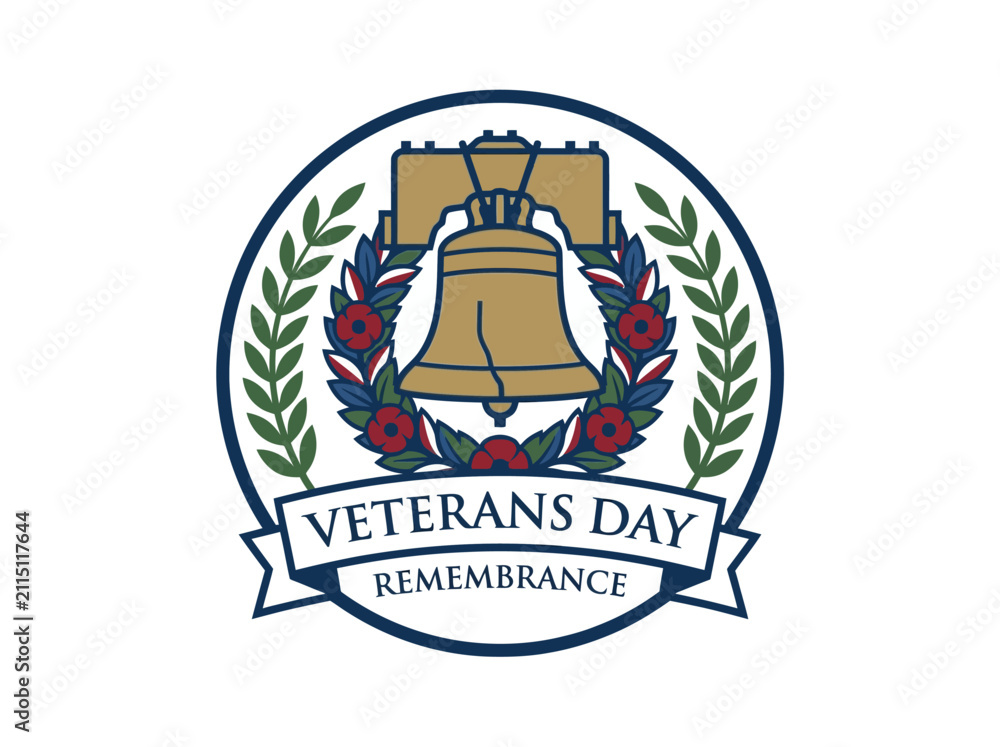 Fototapeta premium Veterans Day Remembrance Emblem with Bell and Laurel Wreath.