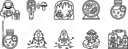 Foto Space mycology and mushroom cultivation icons set