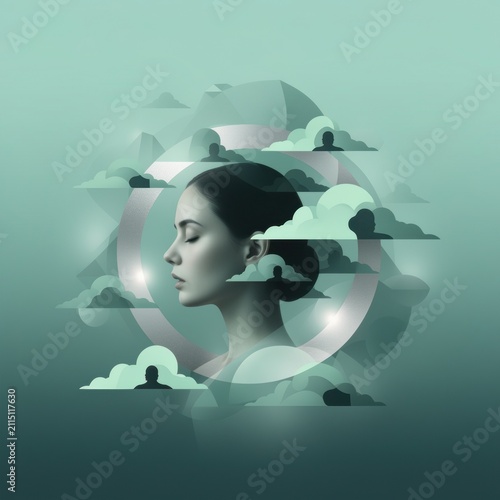 Woman Profile Surrounded by Clouds in Surreal Portrait