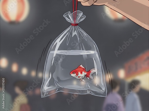 Night Market Glow: Goldfish in Clear Bag with Red String