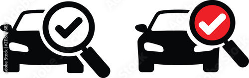 Car inspection icons with approval and rejection symbols under magnifying glasses
