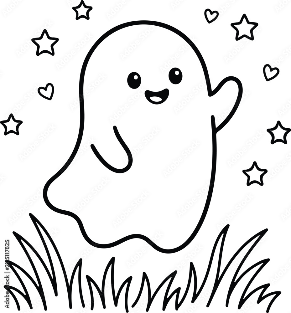 Obraz premium Cute happy ghost character waving hand with stars and hearts in the grass for coloring page isolated on transparent background. Vector