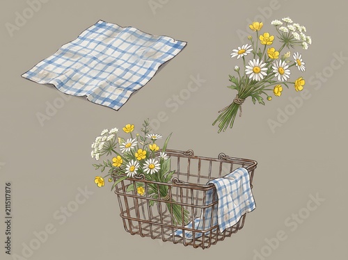 Rustic Wildflower Bouquet in Vintage Metal Basket with Blue Gingham Cloth