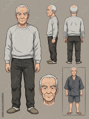 Elderly Man Character Design: Front, Side, Back, and Close-Up Views