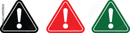 Three warning triangle icons with exclamation mark in black red and green colors