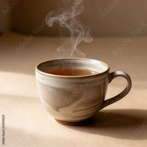 Steaming cup of hot tea on a beige background