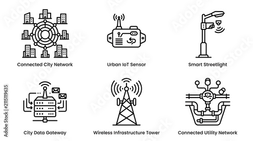 Smart City Infrastructure and IoT Data Network Icon Set
