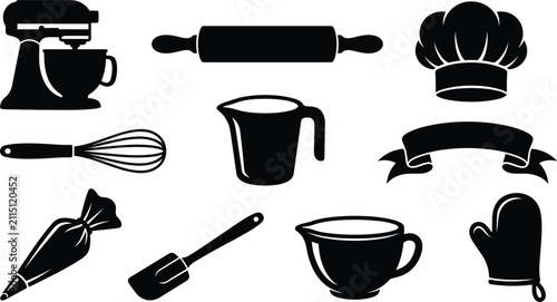 Foto Kitchen Tools Including a Chef's Hat, Rolling Pin, Whisk, Mixing Bowl, Piping Ba