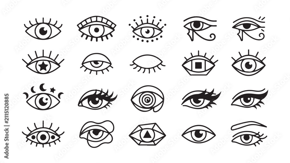 Fototapeta premium Collection of diverse eye icons and mystical symbols in black and white line art