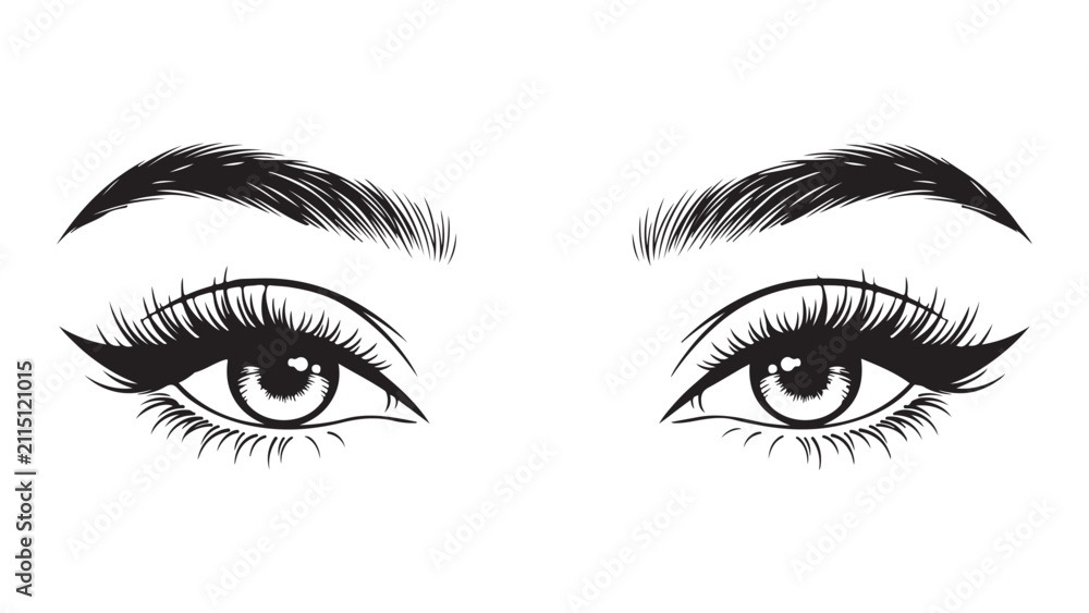 Fototapeta premium Beautiful Woman Eyes with Long Eyelashes and Shaped Eyebrows Vector Illustration