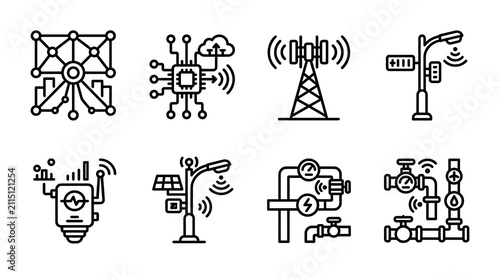 Smart City and IoT Infrastructure Line Icon Set