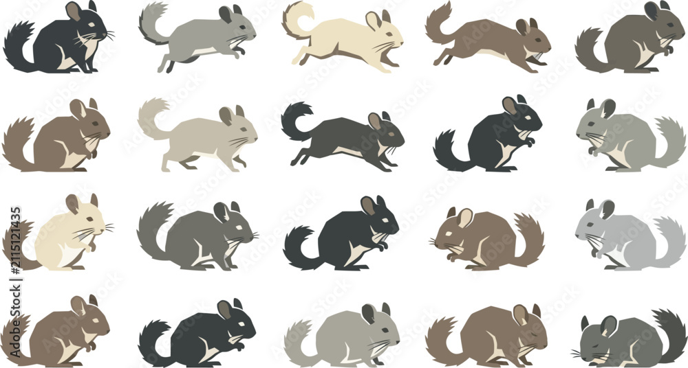 Obraz premium Flat vector collection of chinchillas in various dynamic poses including jumping, sitting, and standing positions.