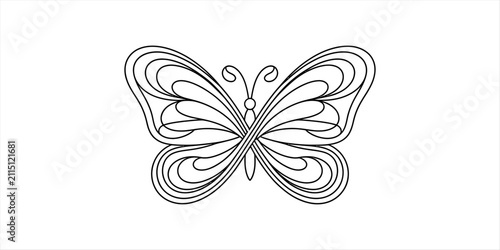 A simple black and white line drawing of a beautiful butterfly with elegant wings for coloring book pages and creative art projects for kids and adults