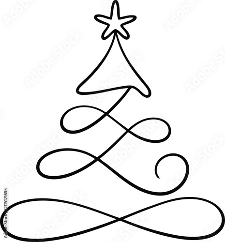 Minimalist hand drawn christmas tree illustration with a star topper isolated on a plain white background for holiday design