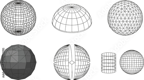 Three Dimensional Geometric Wireframe Sphere and Dome Vector Icon Set with Polyhedral Mesh Geodesic Grid and Globe Projection Diagrams for 3D Modeling Designs