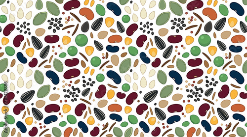 Quadro su tela Seamless vector pattern featuring colorful healthy grains seeds kidney beans corn and lentils on white background