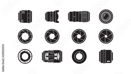 Photography Equipment Icons Set Featuring Camera Lenses and Aperture Blades