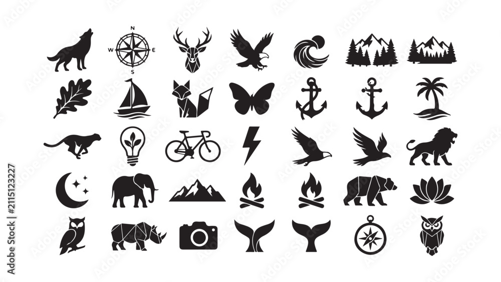Obraz premium Large Collection of Black Silhouette Icons Featuring Animals Nature and Objects