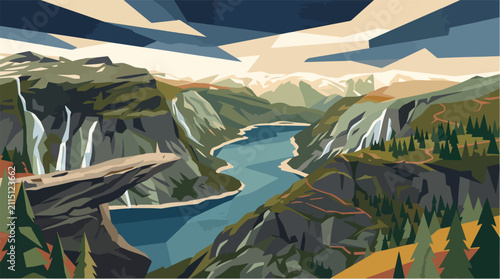 Dramatic Cliff Above Fjord Handmade Gouache Mountain Travel Illustration