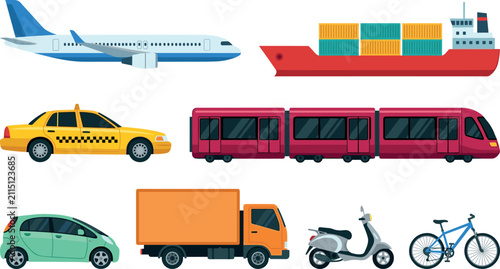 Foto Transportation and logistics vector vehicle collection featuring airplane cargo ship passenger train truck and taxi car