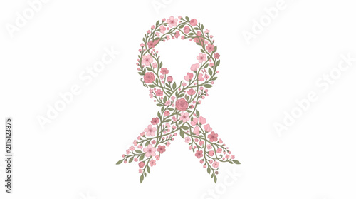 Pink floral ribbon symbol for breast cancer awareness and self care with delicate flowers and leaves