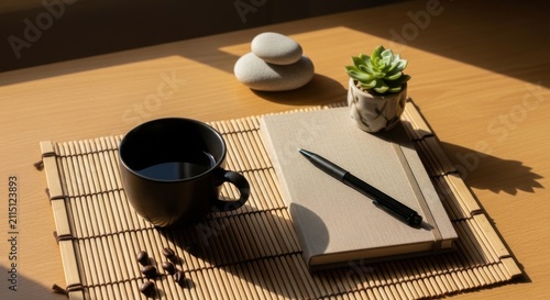 Serene Morning Coffee Break With Journal And Small Plant