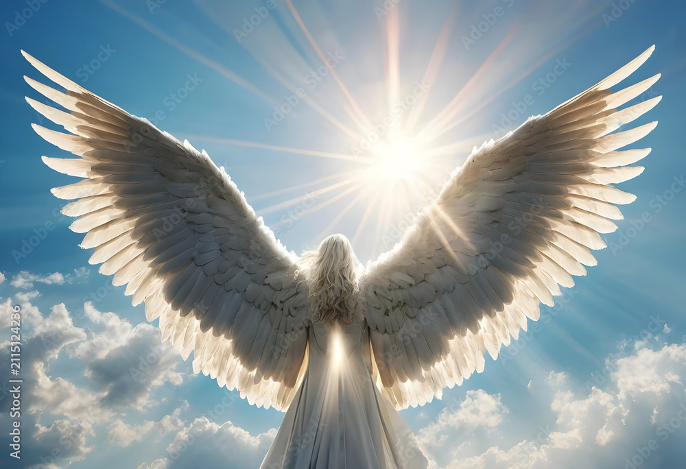 Fototapeta premium Angel with large white wings spread wide, looking up at bright sun rays in a blue sky with clouds, spiritual and heavenly