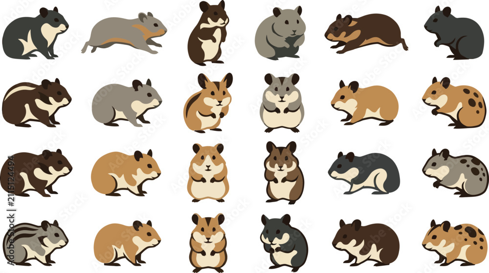 Fototapeta premium Large set of flat vector illustrations depicting various hamster breeds in multiple dynamic poses and actions