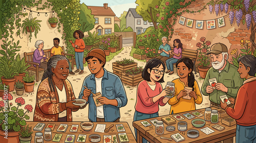 Diverse group of people participating in a vibrant community garden seed swap event. Gardening, sharing, and eco-friendly social gathering in a sunny, green urban backyard setting.