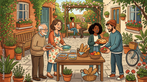 Diverse group of friends and family sharing a community garden potluck dinner in a sunny, flower-filled courtyard. A joyful outdoor social gathering illustration.