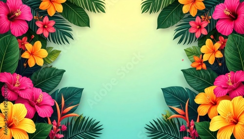 Vibrant Tropical Floral Border with Lush Green Leaves and Gradient Background.