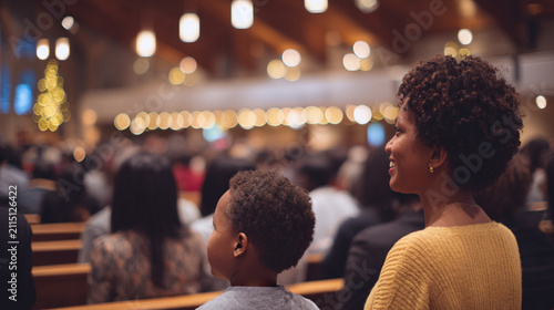 Families Worshipping Together in Modern Church with Warm Golden Bokeh