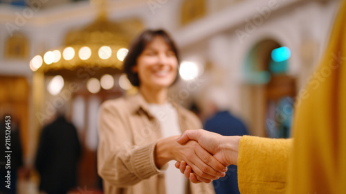 Church Volunteers Warmly Welcoming Congregants at Worship Service Entrance with Golden Bokeh