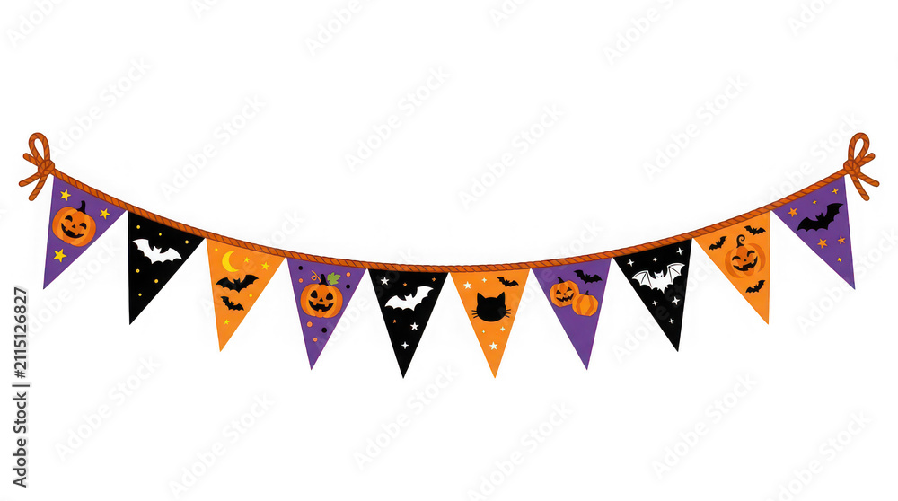 Fototapeta premium Halloween bunting banner with pumpkins bats and black cats decorative festive flags on brown rope.