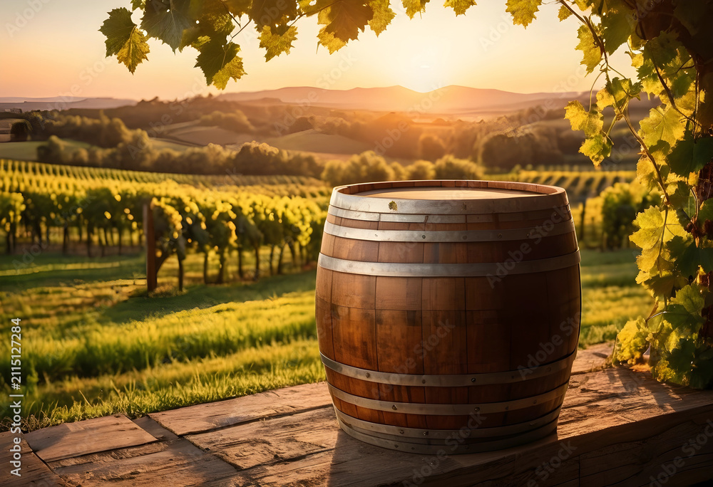 Obraz premium Wooden wine barrel on a rustic table overlooking a sunlit vineyard at golden hour, winemaking and agriculture, this scene winemaking agriculture and the traditional process of wine production