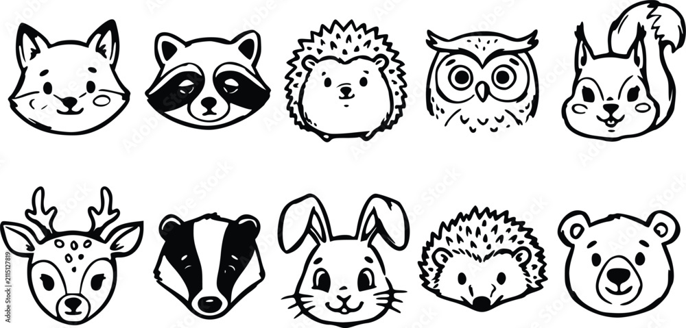 Obraz premium Set of cute forest animal head icons featuring hand drawn sketches of fox raccoon hedgehog owl squirrel deer badger rabbit and bear faces for design