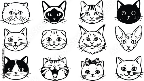 Set of cute cat face illustrations showing different breeds and expressions in a hand drawn doodle sketch style for pet lovers and feline designs