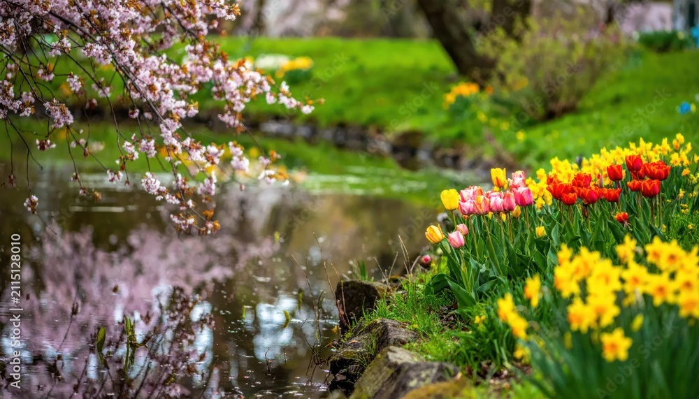 Fototapeta premium Vibrant Spring Garden with Blooming Tulips and Cherry Blossoms Reflected in Water.